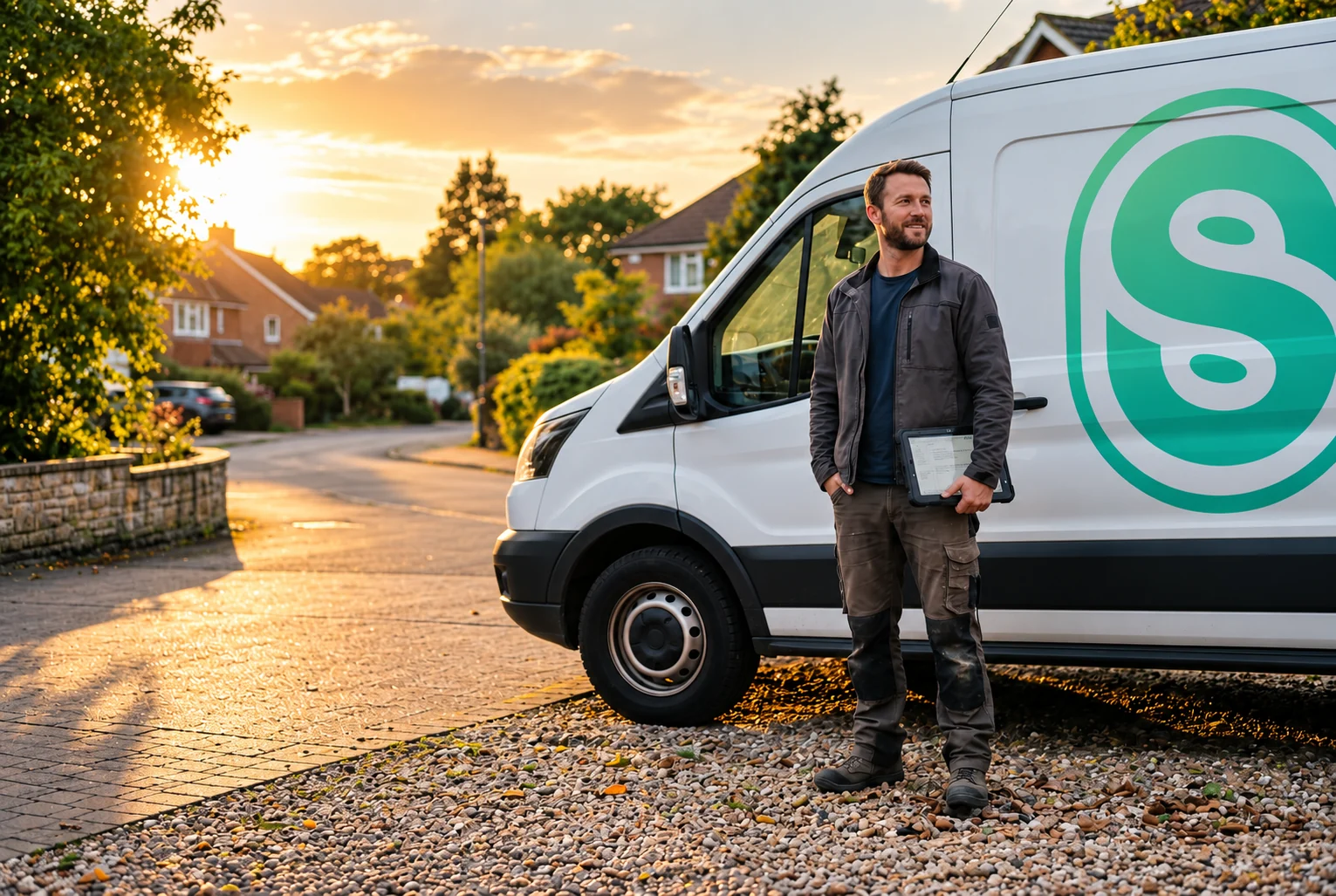 Un partenaire devant sa camionnette lettrée aux couleurs de Shink Telecom