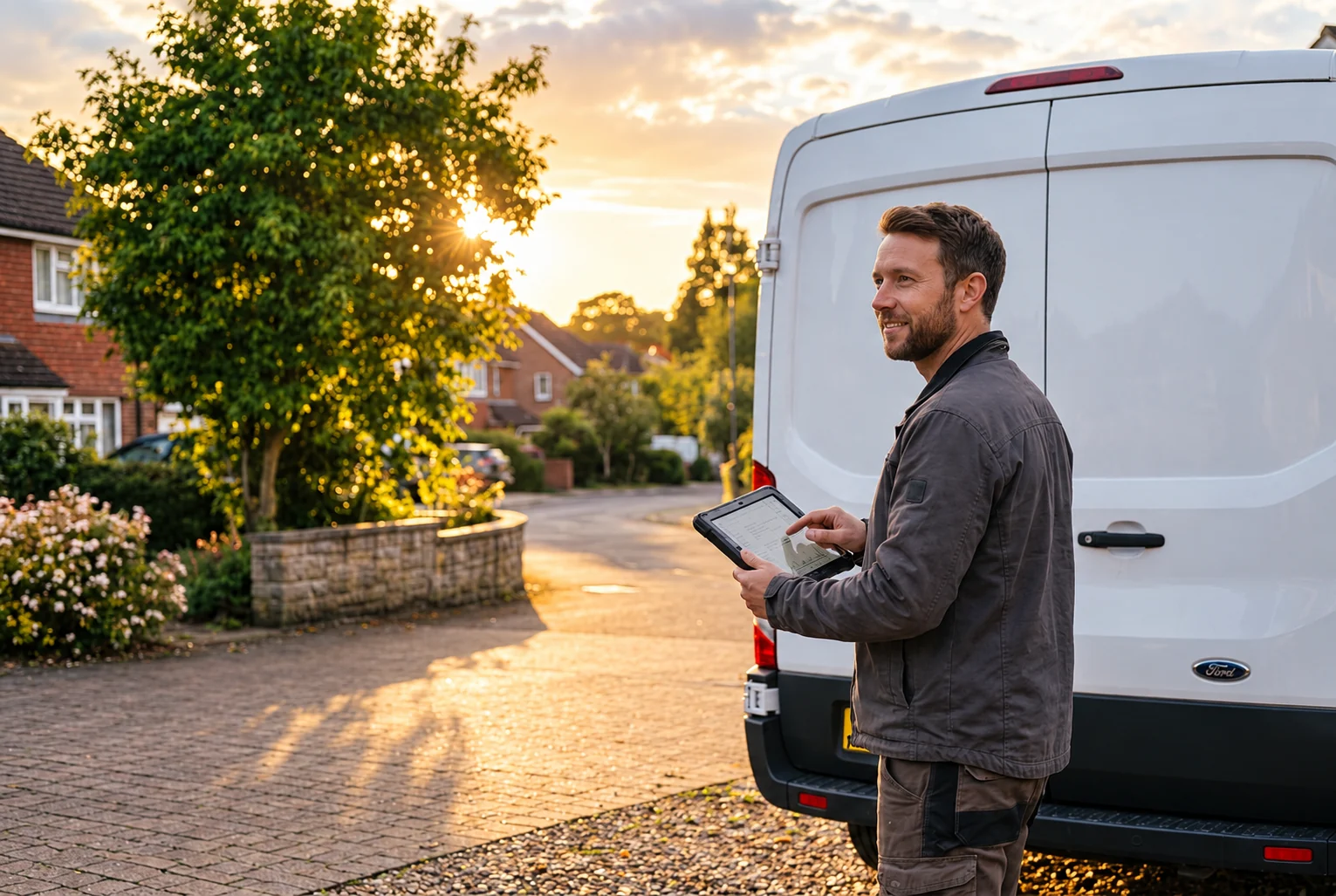 Un partenaire consulte sa tablette devant sa camionnette, au lever du soleil